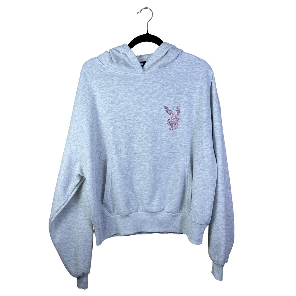 Playboy Hoodie Women's Size Small Grey Rhinestone Coquette Streetwear